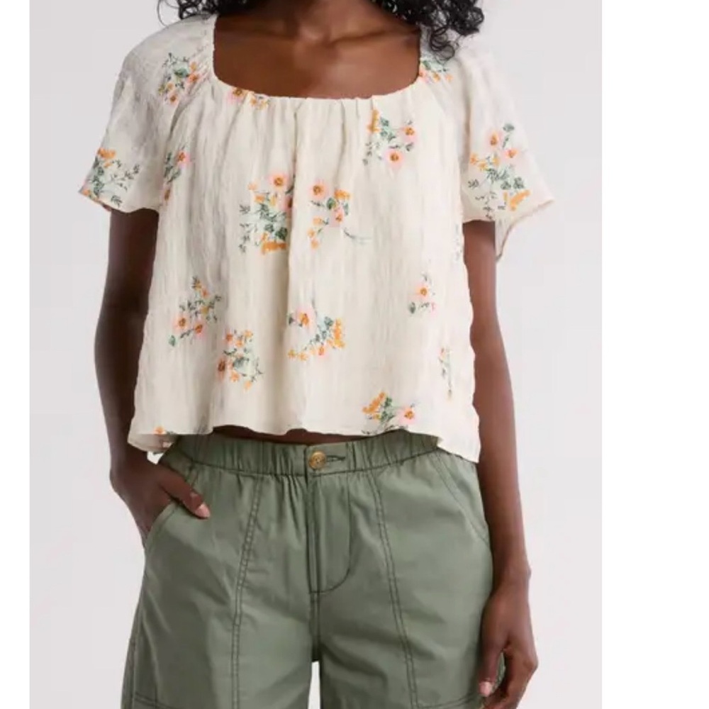 Melrose and Market Cream Floral Short Sleeve Blouse Large - Picture 1 of 9